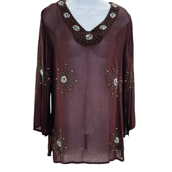 Phool Vintage Brown Sheer V-Neck Sequins & Beading Long Sleeve Hippie Boho Top S - Picture 2 of 13